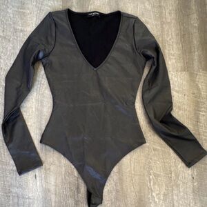 Naked Wardrobe, NWOT, XS, Black Faux Leather Long Sleeve Bodysuit